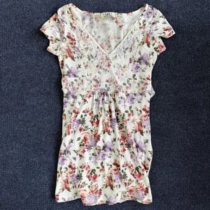 Y2K L.e.i. Blouse Womens Small Floral Lace Belted Tunic Top V Neck Short Sleeve